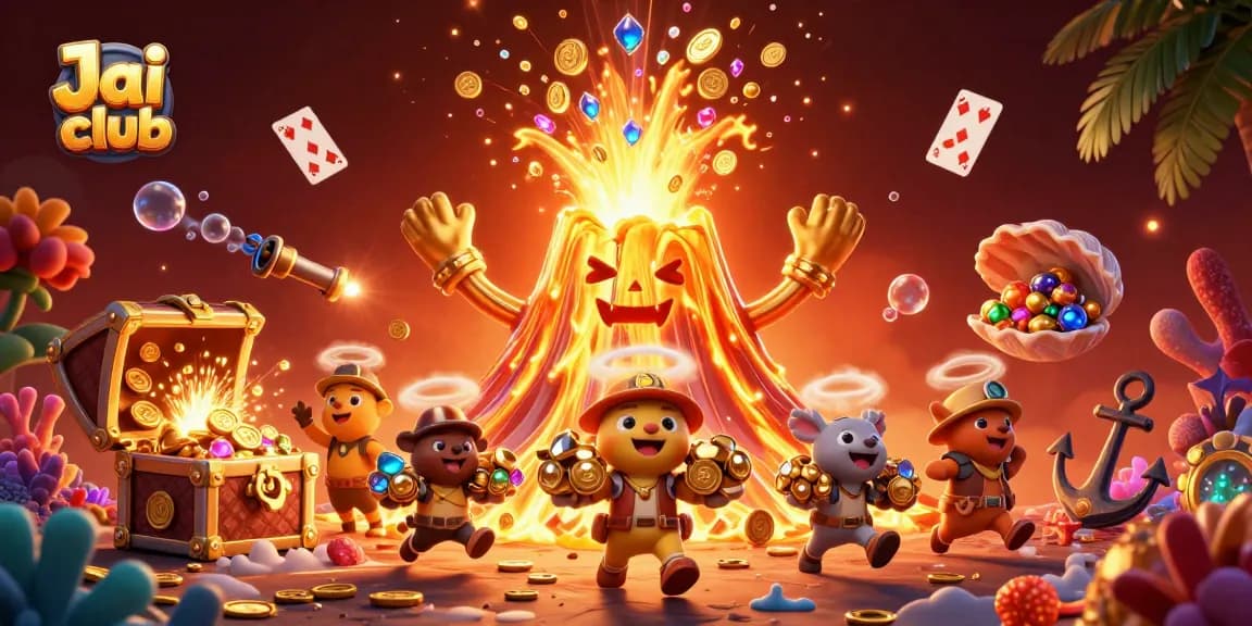 Experience the thrilling Jai club gaming adventure with a golden volcano erupting treasures and playful characters.