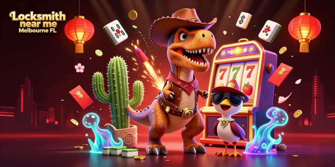 Spin the reels with Locksmith near me Melbourne FL, featuring a T-Rex in a dynamic 3D casino scene.