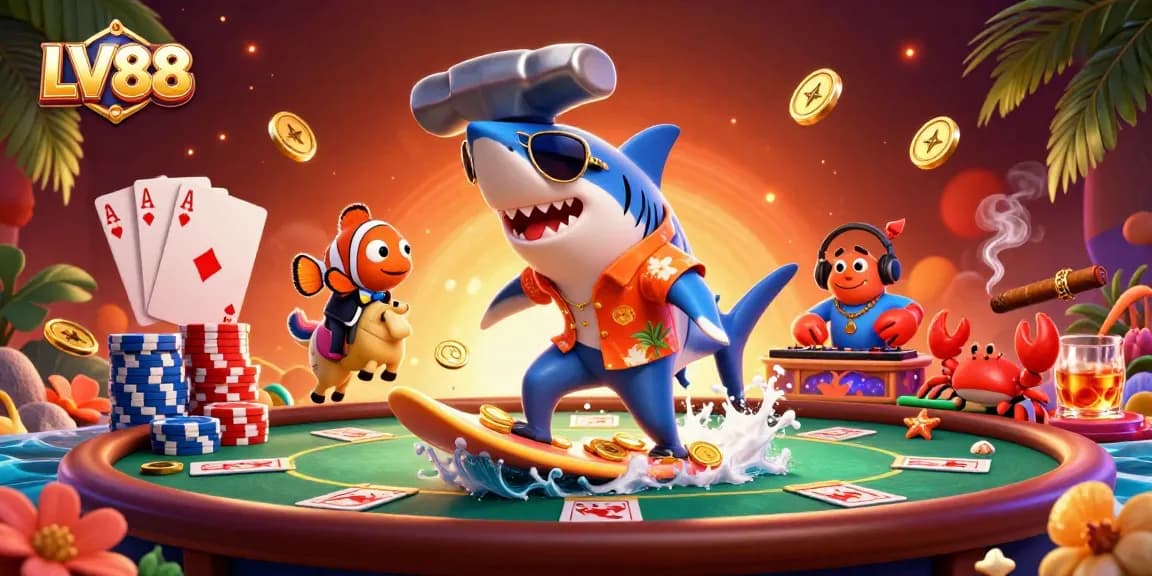 Experience the excitement at LV88 with a vibrant 3D illustration highlighting poker action and dynamic characters.