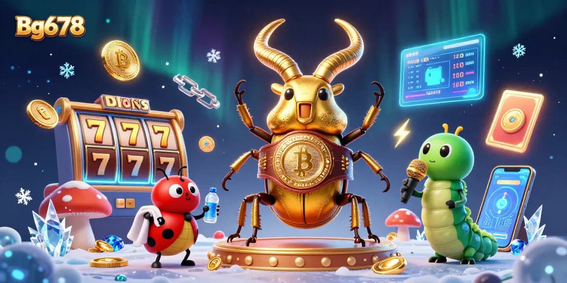 Engage with exciting gameplay on Bg678 featuring dynamic casino elements like slot reels and crypto coins.