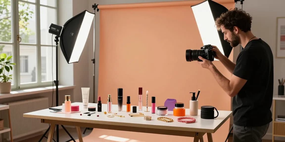 Photographe produits Milan en studio créatif présentant des cosmétiques et accessoires avec lumière douce.