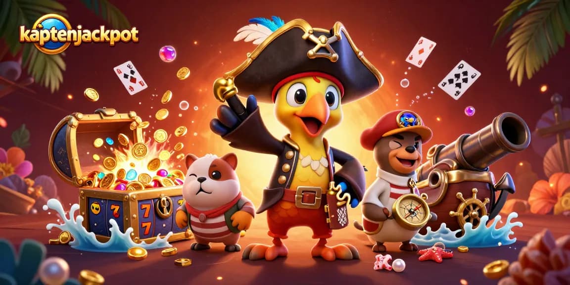 Experience the thrill with kaptenjackpot as animated characters explore a vibrant casino scene filled with treasure and gaming action.