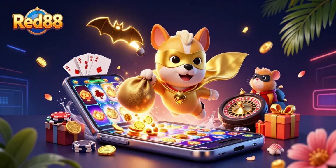 Red88 features a superhero dog and hamster amidst vibrant casino elements in this animated scene.