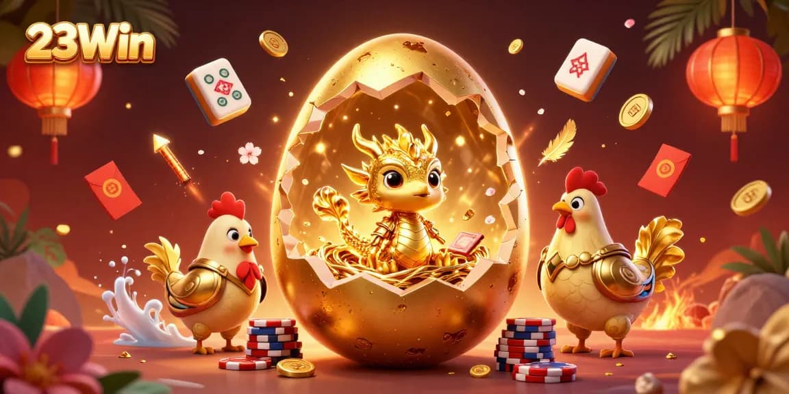 Engage with 23Win as the golden dragon emerges from its nest of poker chips amid festive casino elements.