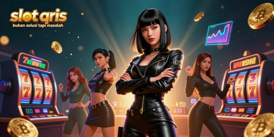 Engage with slot qris bukan solusi tapi masalah through a dynamic casino scene featuring Asian woman in a leather outfit amidst slot reels and elements.