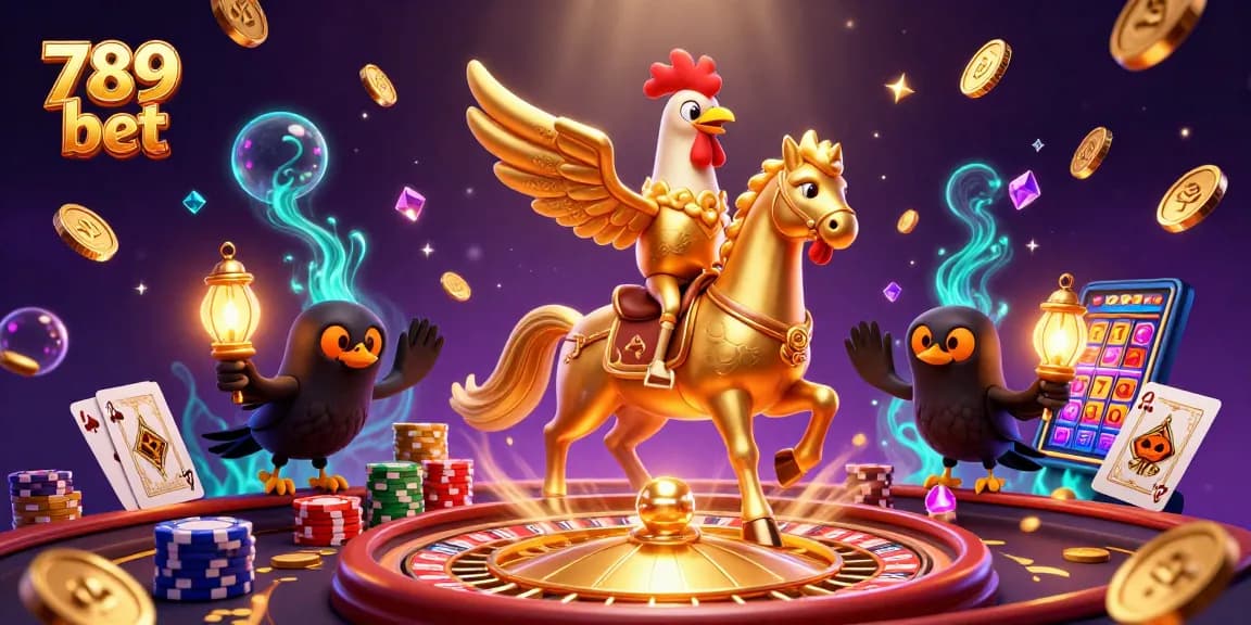 Experience thrilling gaming with 789 bet, featuring a golden rooster champion among vibrant casino elements.