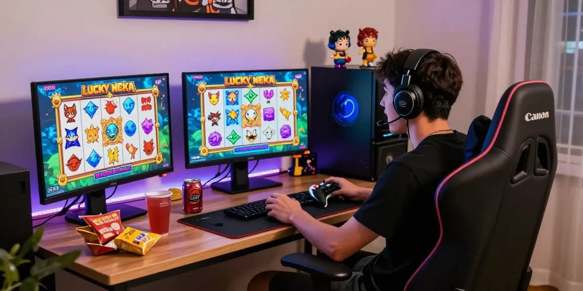 Engaged gamer playing Lucky Neko slot game in a vibrant gaming setup.