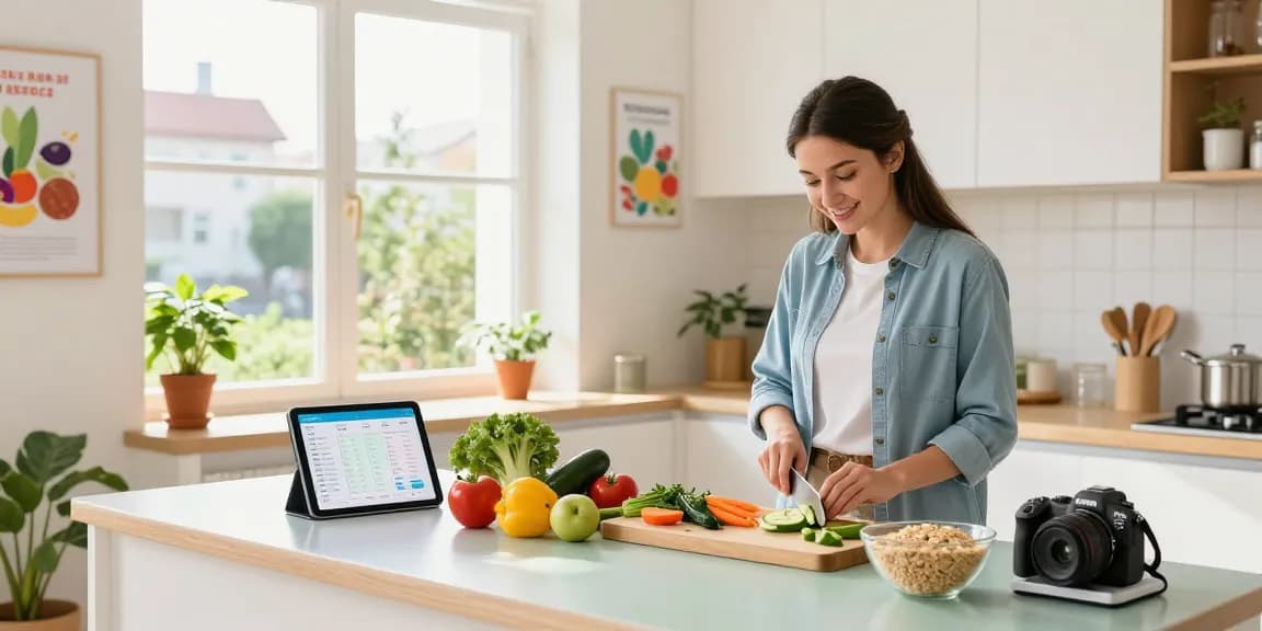 Nutritionist demonstrating healthy meal prep using the best calorie tracker in a modern kitchen.