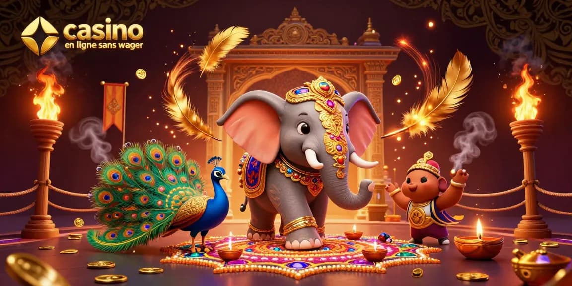 Plongez dans l'univers du casino en ligne sans wager avec une illustration captivante d'un éléphant coloré et un paon flamboyant, entourés de jeux d'argent.