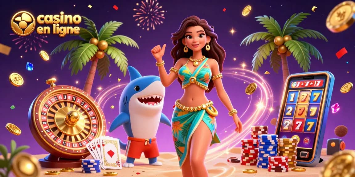 Scène animée mettant en avant un casino en ligne avec une femme glamour, un requin surfeur et des éléments de jeu.