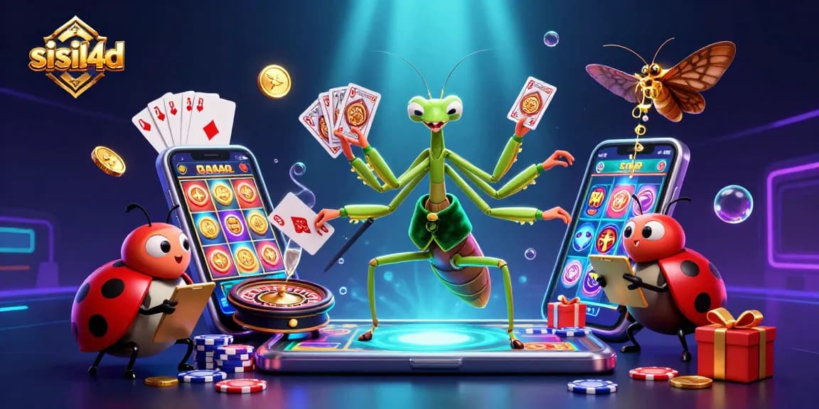 Sisil4d showcases excitement as a cartoon mantis deals cards and pours champagne in an engaging casino scene.