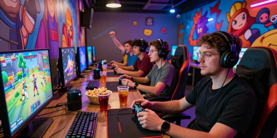 Immersive gaming scene at 7meter café with friends and vibrant LED displays.