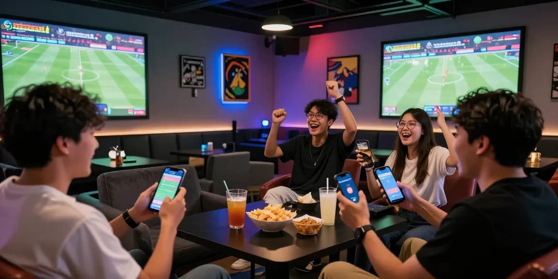 Friends enjoying 토토사이트 betting in a vibrant gaming lounge with live sports atmosphere.