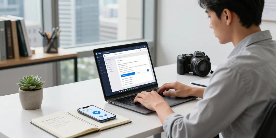 Registering Telegram in China, tech-savvy workspace with laptop and apps.