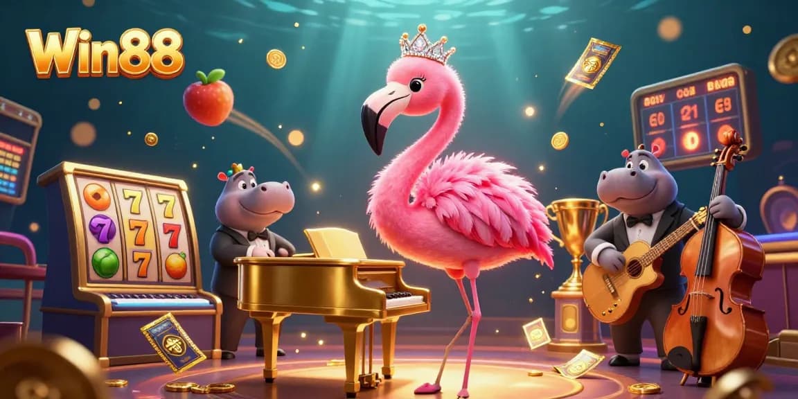Win88 showcases a vibrant 3D casino scene with flamingo singer and dynamic game elements