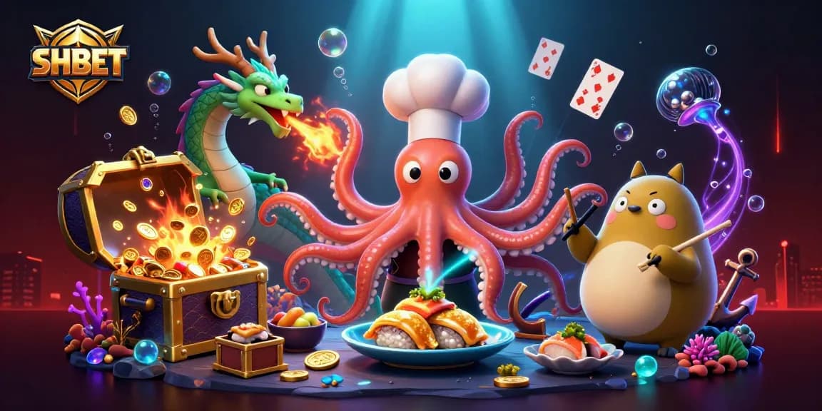 Experience the thrill of SHBET's vibrant gaming with a sushi chef octopus preparing dishes amidst a treasure-filled scene.