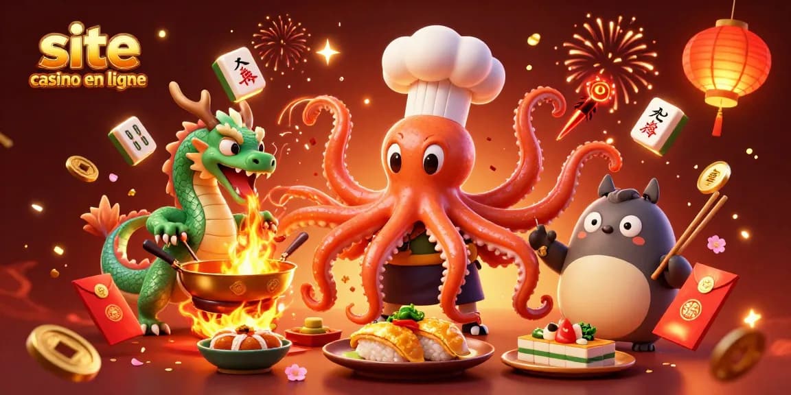 Profitez des jeux sur un site casino en ligne vibrant avec un chef pieuvre et un dragon.