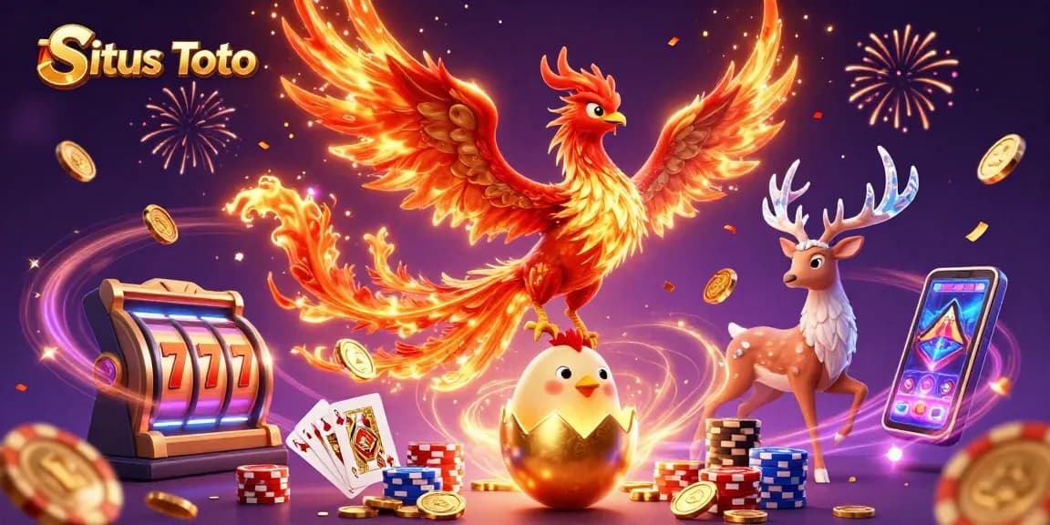 Experience the excitement of Situs Toto with vibrant 3D visuals of phoenixes and casino elements.