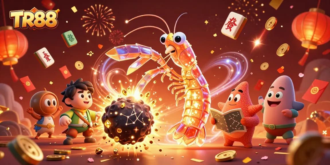 Experience the excitement of TR88 as the galactic mantis shrimp defeats asteroids with coins exploding.
