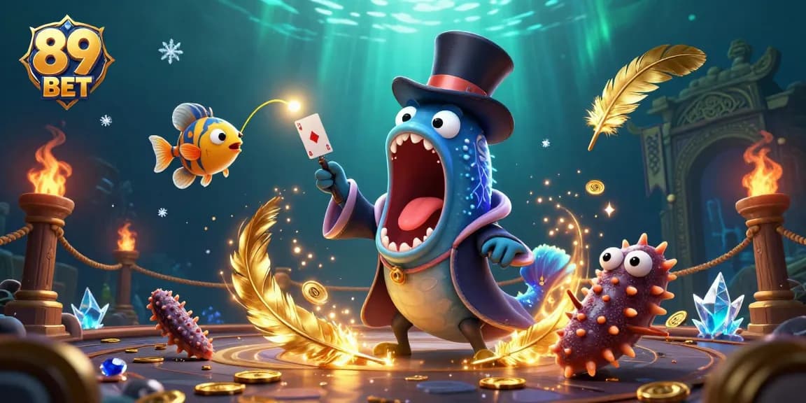 Engage in thrilling casino magic with 89 BET, featuring a bioluminescent eel and anglerfish illuminating the underwater adventure.