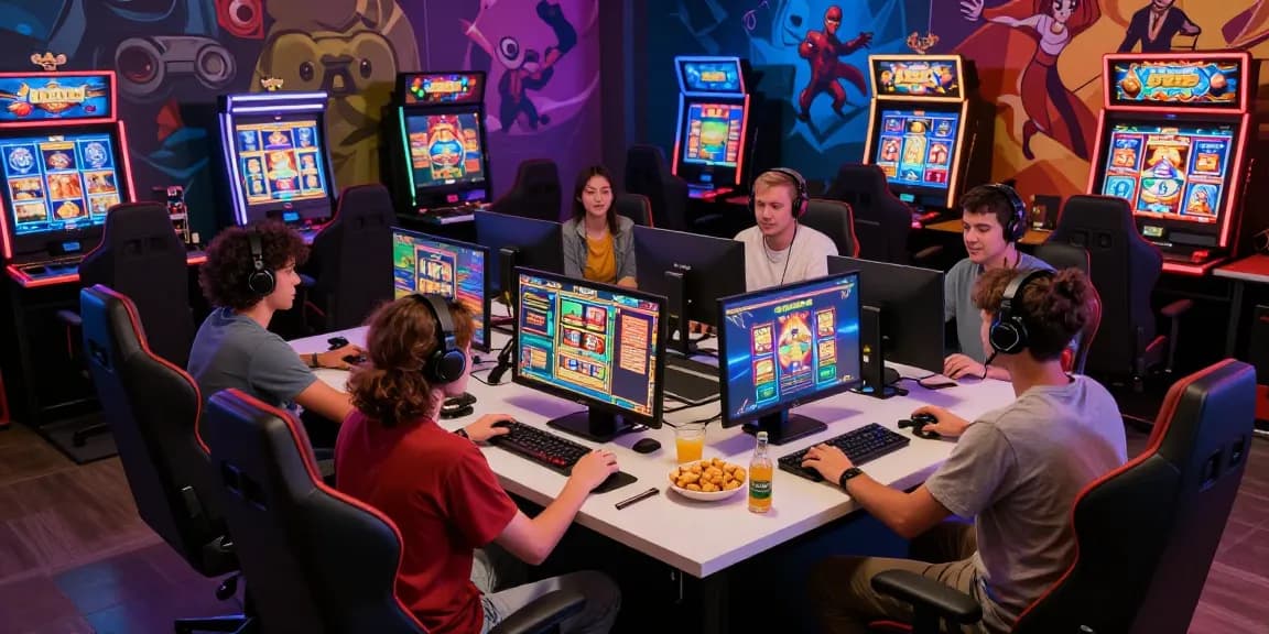 Exciting gaming scene featuring friends enjoying thrilling slot games at https://gravatar.com/playbook88official with vibrant screens and snacks.