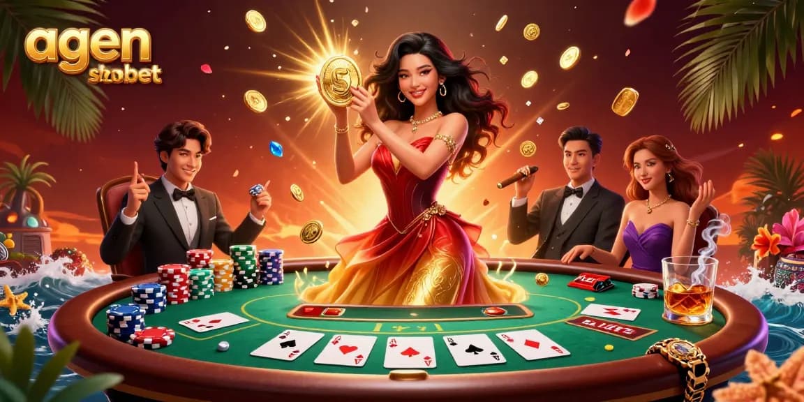 Win big with agen sbobet at the exciting poker table, filled with stunning illustrations of coins and cards.