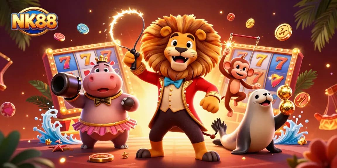 Experience the excitement of NK88 with a vibrant casino-themed illustration showcasing characters and lucky symbols.