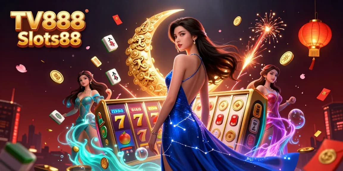 Experience the excitement of TV888 Slots88 with vibrant slot reels and dynamic gaming elements in this captivating illustration.