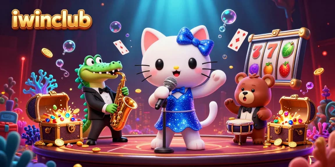 Join the fun at iwinclub with vibrant gaming elements surrounding animated characters.