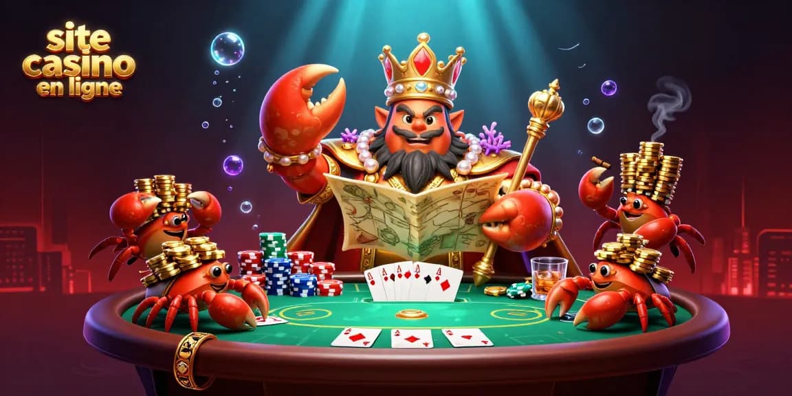 Illustration dynamique mettant en avant un site casino en ligne animé avec un crabe empereur et des éléments de poker