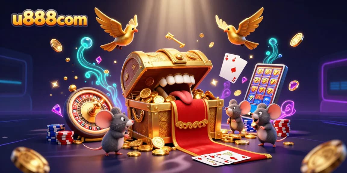 Win big at u888com with exciting casino games and animated treasures in a vibrant scene.
