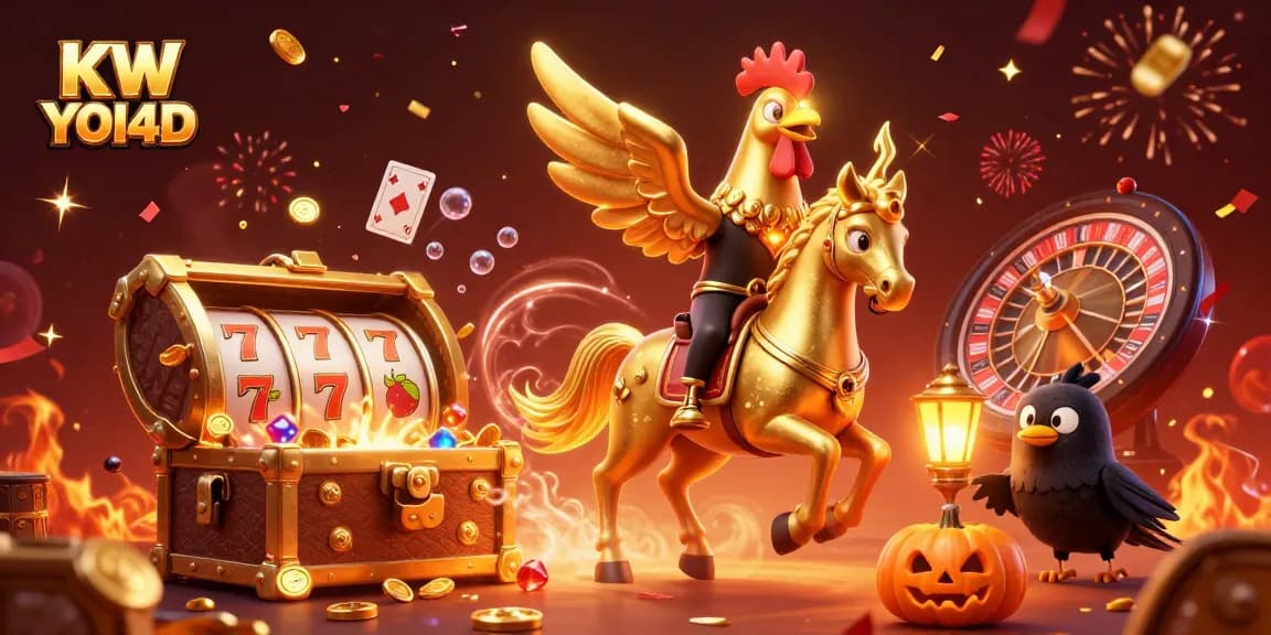 Permainan slot di KW YOI4D yang menampilkan ayam jantan emas dan perayaan mewah di kasino.