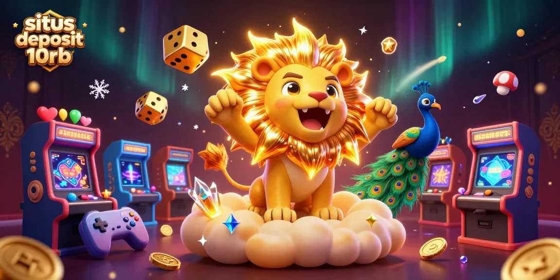 Engage in thrilling gameplay at situs deposit 10rb with vibrant 3D animated casino elements featuring a roaring lion and cosmic dice.
