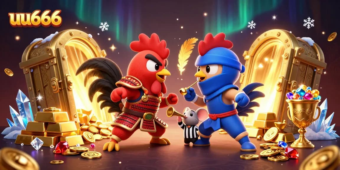 Witness thrilling action in uu666 as cartoon roosters clash amidst golden treasure, perfect for casino enthusiasts.