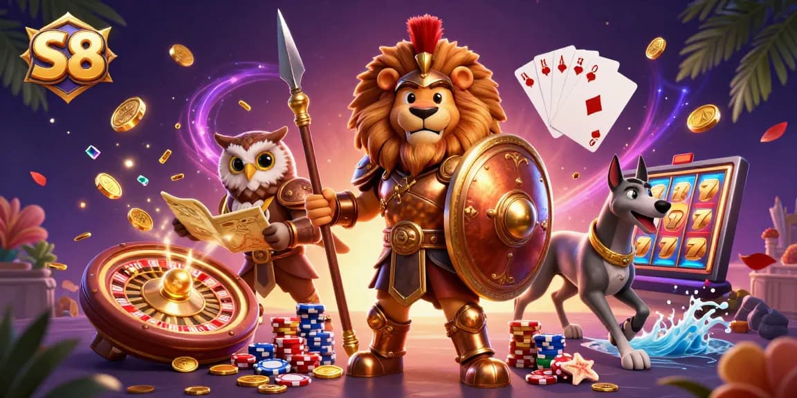 S8 offers thrilling casino experiences, featuring a Spartan lion hero amidst sparkling gems and coins.