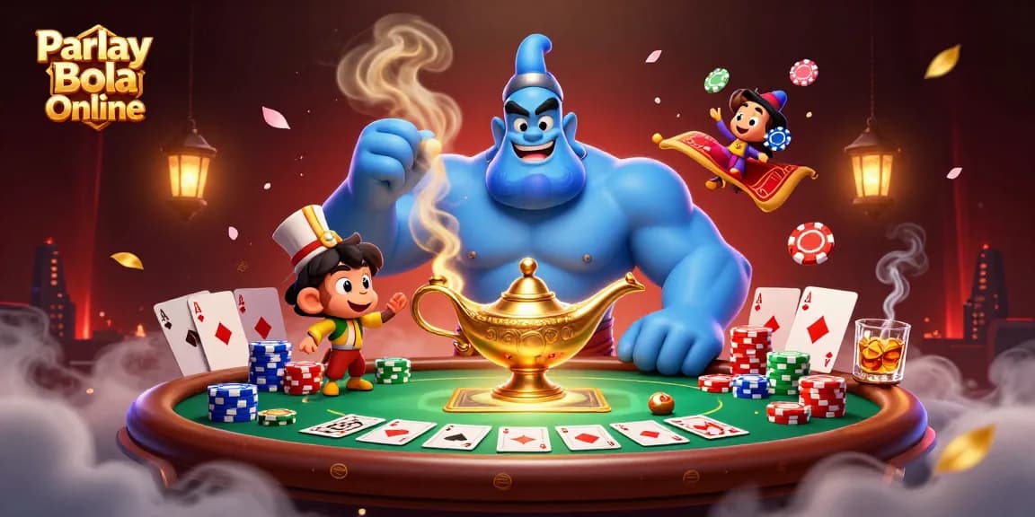 Experience Parlay Bola Online with a magical scene filled with colorful poker elements and characters.