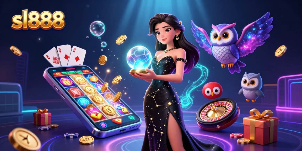 Experience the thrill of sl888 with a mesmerizing 3D casino illustration showcasing vibrant slots and a mystical scene.