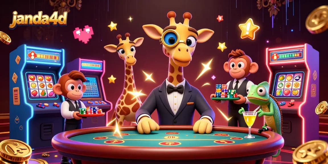 Gambaran janda4d yang menunjukkan giraffe mewah bermain poker dengan keseimbangan kasino yang menarik.