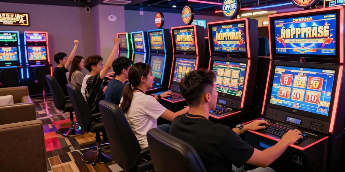 Exciting gaming atmosphere at oppa86 with players celebrating wins and engaging with slots.