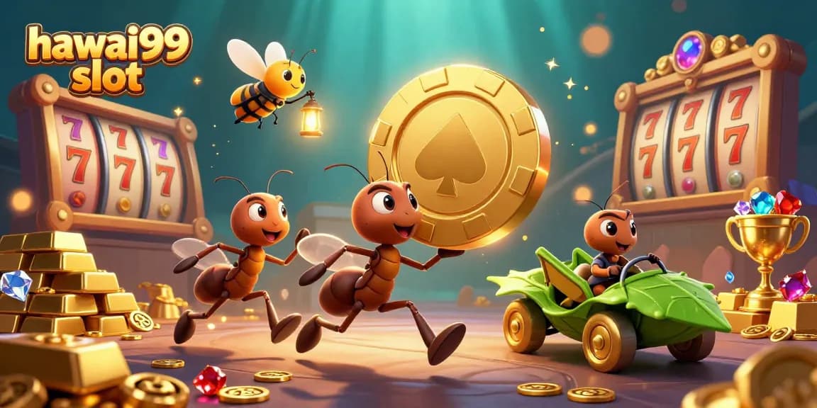 Experience the hawai99 slot excitement with a dynamic heist scene featuring ants and casino elements.