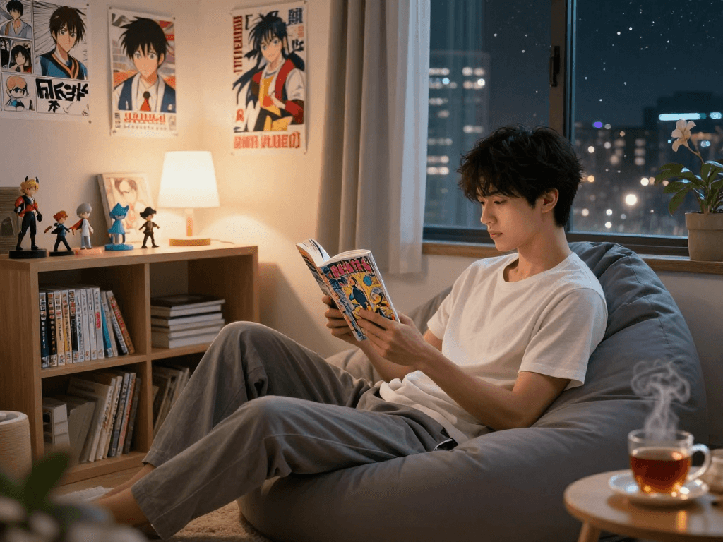 Engaging manga reading scene at https://hitomi-mangaraw01.com/ showcasing cozy ambiance with manga collectibles.
