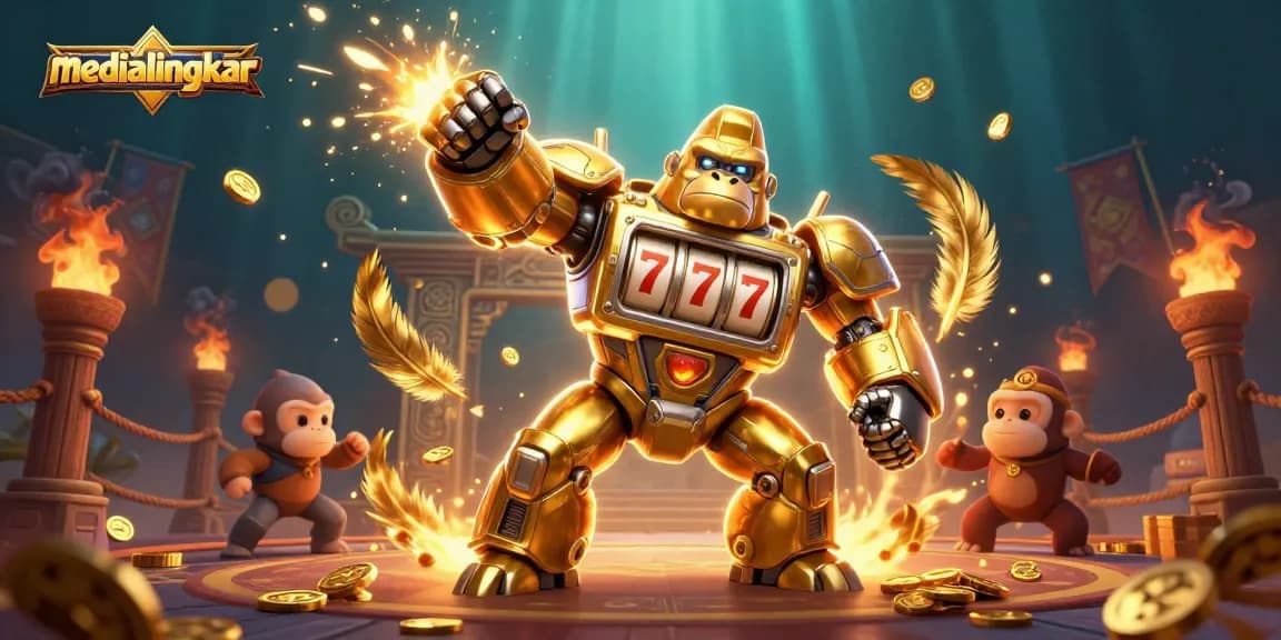 Experience the excitement of medialingkar's gaming with a vibrant 3D illustration showcasing dynamic slot-themed elements and characters.