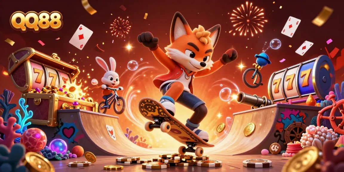 Engage with thrilling qq88 casino vibes as a fox skater and rabbit BMX rider perform in a vibrant gambling scene.