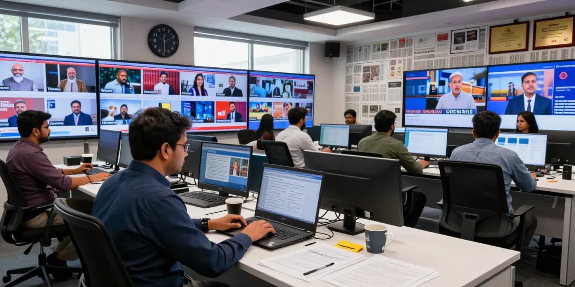 Newsroom activity at https://www.theindaily.com showcasing journalists crafting engaging stories with dynamic visuals and collaborative energy.