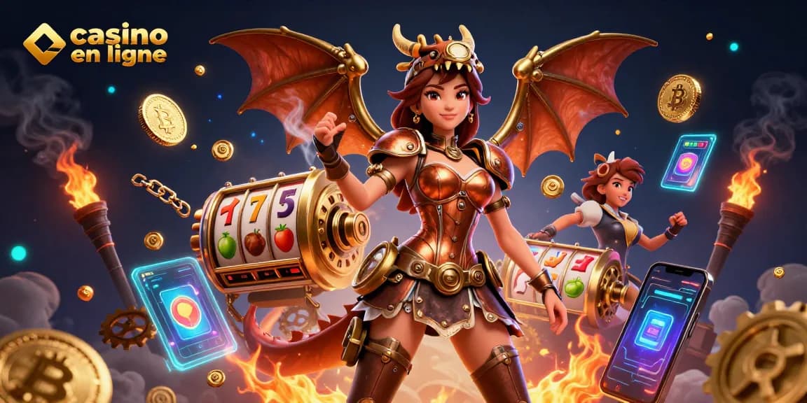Jouez à casino en ligne avec des personnages vibrants, des machines à sous et des cryptomonnaies lumineuses dans une scène immersive en 3D.