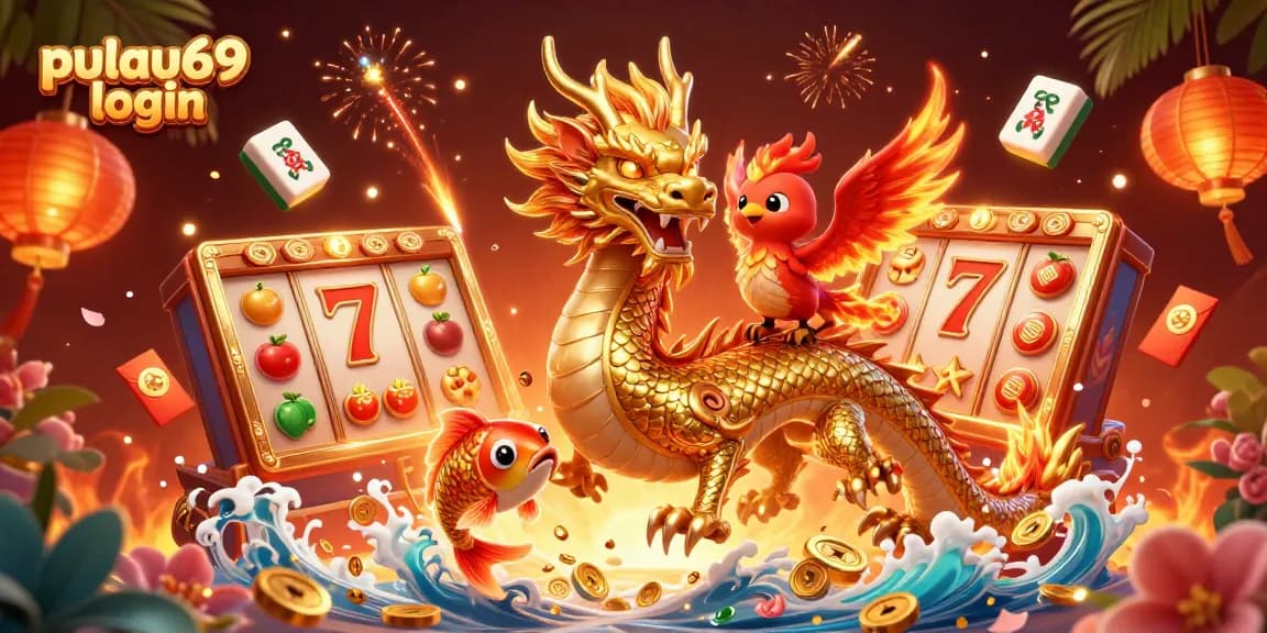 Play slots and win with pulau69 login, featuring vibrant 3D characters and casino elements.