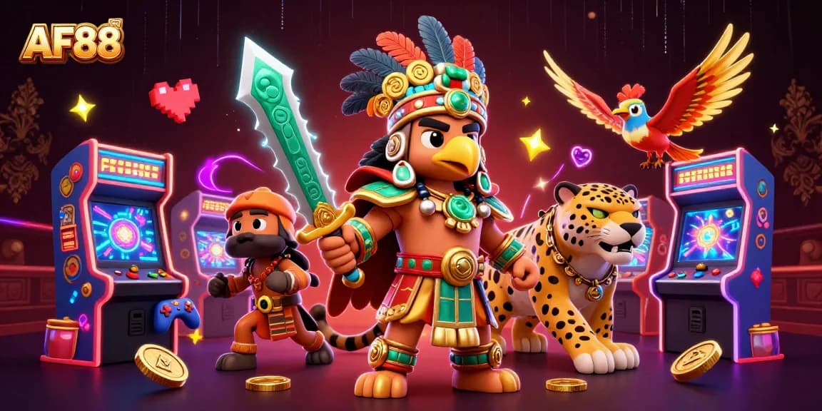 Engage with AF88's dynamic casino atmosphere filled with colorful game elements and 3D characters.