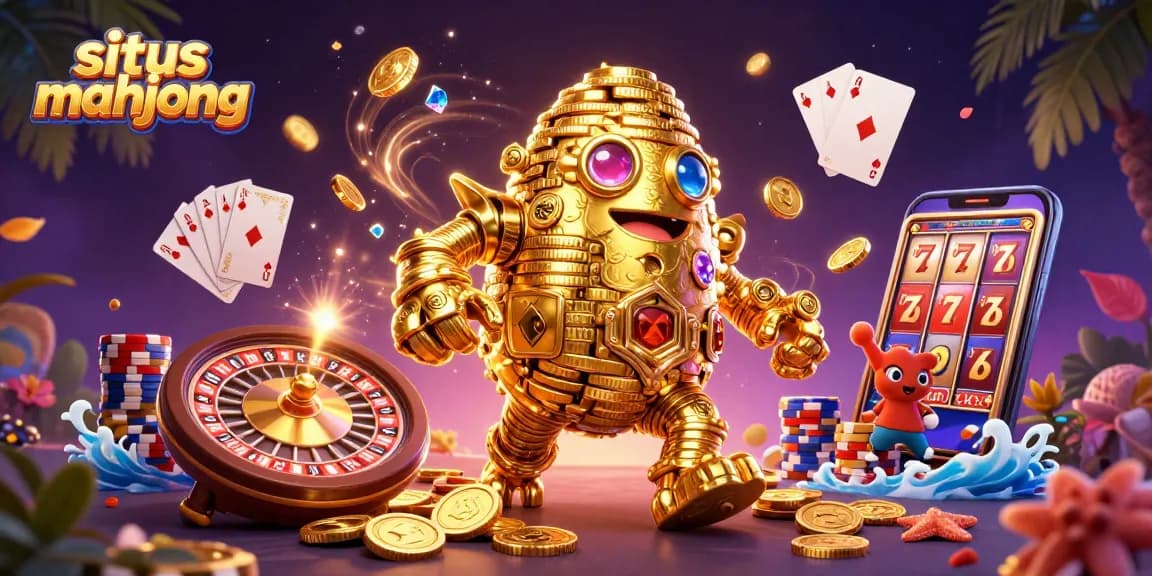 Experience situs mahjong with this vibrant 3D casino scene featuring a mystical golem and exciting game elements.