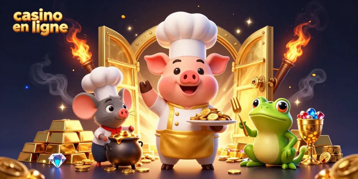 Casino en ligne : le chef cochon et ses joyaux attirent les parieurs sur cette illustration ludique.