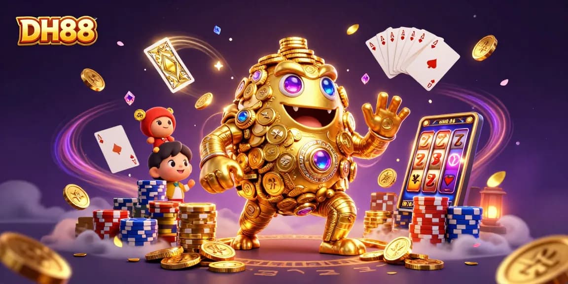Engage with DH88's thrilling slot action featuring a lively golden golem surrounded by cascading coins.